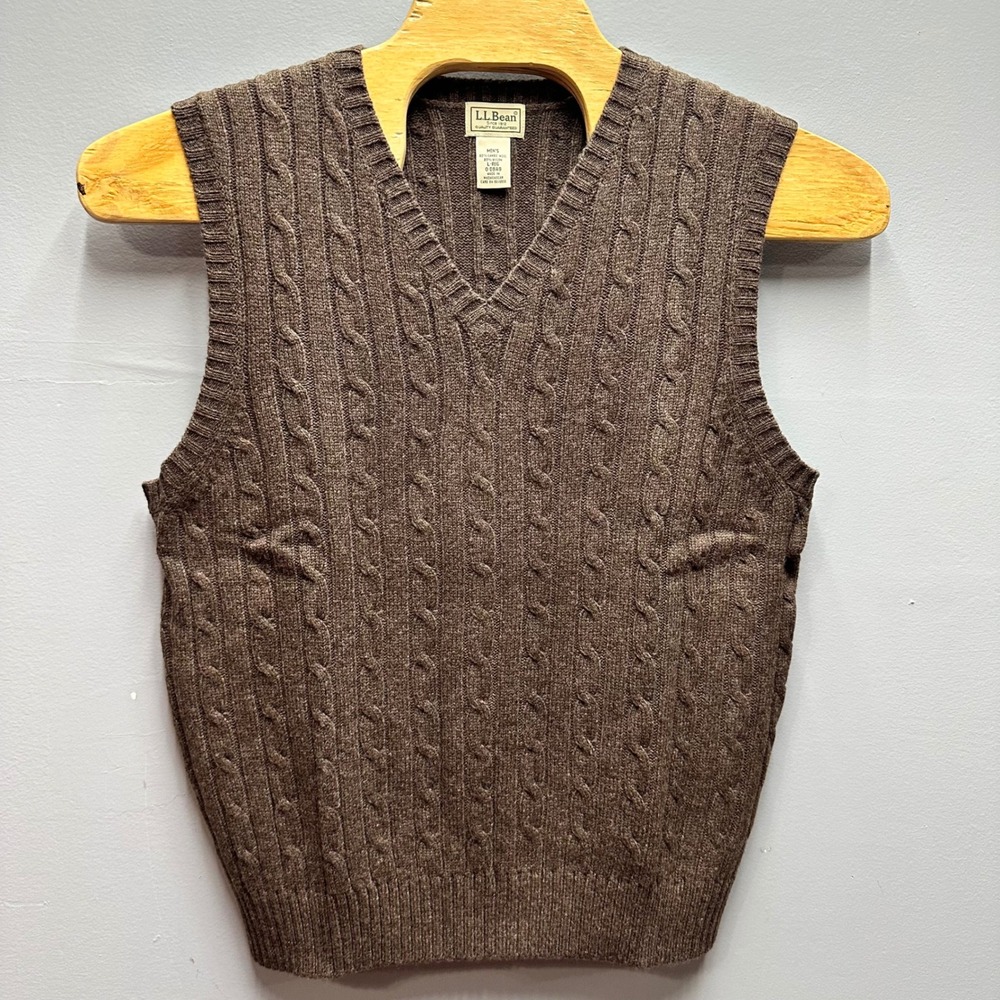 LL Bean Freeport Cable Knit Sweater Vest Mens L Lambswool Brown NWT